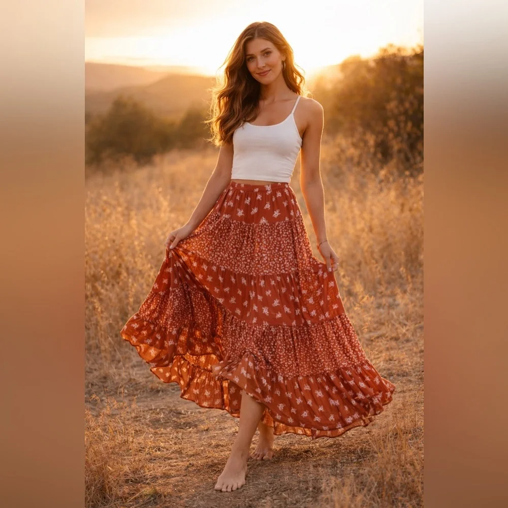 ✨ Alter’d State Rust Floral Tiered Midi Skirt – XL - Picture 2 of 10
